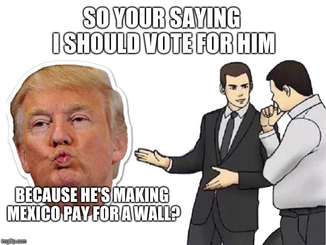 Car Salesman Slaps Hood | SO YOUR SAYING I SHOULD VOTE FOR HIM; BECAUSE HE'S MAKING MEXICO PAY FOR A WALL? | image tagged in memes,car salesman slaps hood | made w/ Imgflip meme maker