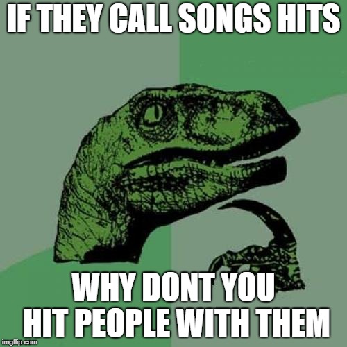 Philosoraptor | IF THEY CALL SONGS HITS; WHY DONT YOU HIT PEOPLE WITH THEM | image tagged in memes,philosoraptor | made w/ Imgflip meme maker