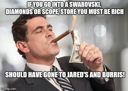rich guy burning money | IF YOU GO INTO A SWAROVSKI, DIAMONDS OR SCOPE, STORE YOU MUST BE RICH SHOULD HAVE GONE TO JARED'S AND BURRIS! | image tagged in rich guy burning money | made w/ Imgflip meme maker