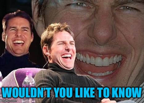 Tom Cruise laugh | WOULDN’T YOU LIKE TO KNOW | image tagged in tom cruise laugh | made w/ Imgflip meme maker