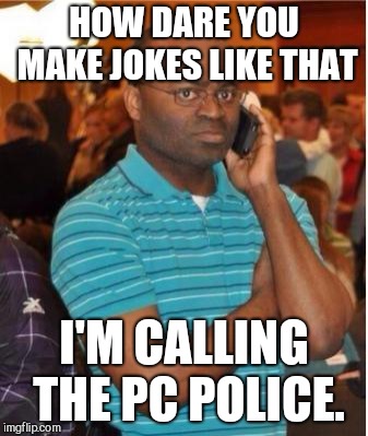 angry man on phone | HOW DARE YOU MAKE JOKES LIKE THAT I'M CALLING THE PC POLICE. | image tagged in angry man on phone | made w/ Imgflip meme maker