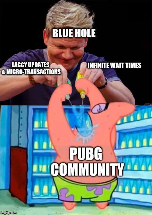 BLUE HOLE; INFINITE WAIT TIMES; LAGGY UPDATES & MICRO-TRANSACTIONS; PUBG COMMUNITY | image tagged in star ramsay | made w/ Imgflip meme maker