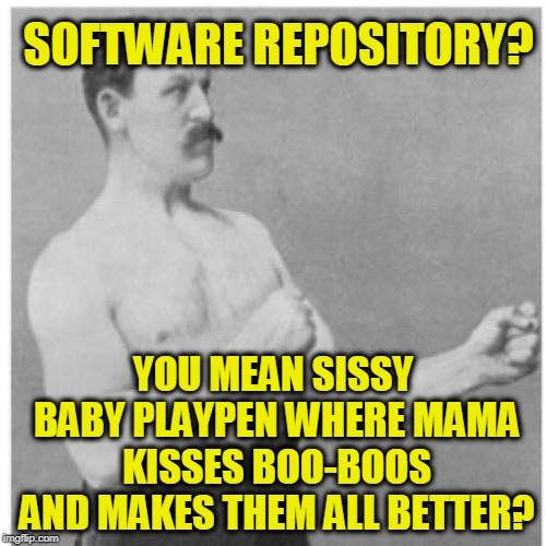 Overly Manly Man | SOFTWARE REPOSITORY? YOU MEAN SISSY BABY PLAYPEN WHERE MAMA KISSES BOO-BOOS AND MAKES THEM ALL BETTER? | image tagged in memes,overly manly man | made w/ Imgflip meme maker