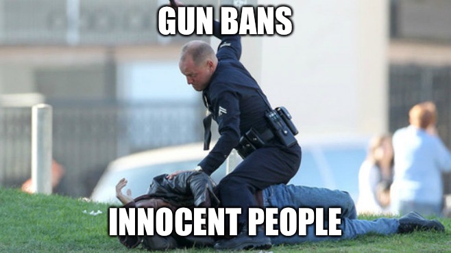 Cop Beating | GUN BANS; INNOCENT PEOPLE | image tagged in cop beating | made w/ Imgflip meme maker