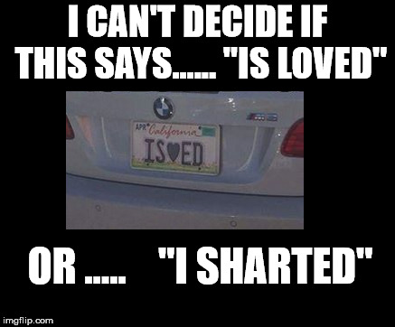 I CAN'T DECIDE IF THIS SAYS...... "IS LOVED"; OR .....    "I SHARTED" | image tagged in license plate | made w/ Imgflip meme maker