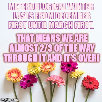 spring | METERORLOGICAL WINTER LASTS FROM DECEMBER FIRST UNTIL MARCH FIRST. THAT MEANS WE ARE ALMOST 2/3 OF THE WAY THROUGH IT AND IT'S OVER! | image tagged in spring | made w/ Imgflip meme maker