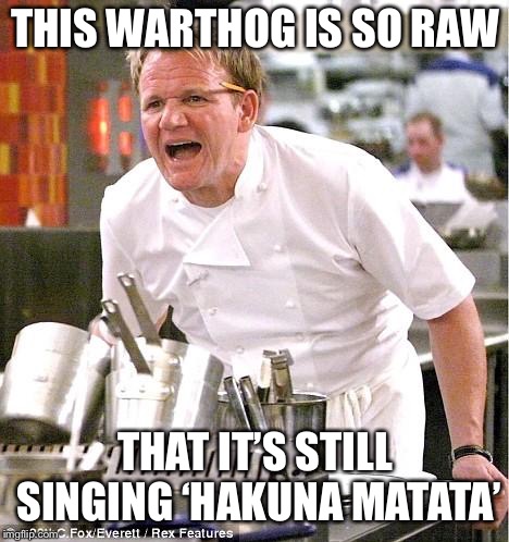 Chef Gordon Ramsay Meme | THIS WARTHOG IS SO RAW; THAT IT’S STILL SINGING ‘HAKUNA MATATA’ | image tagged in memes,chef gordon ramsay | made w/ Imgflip meme maker