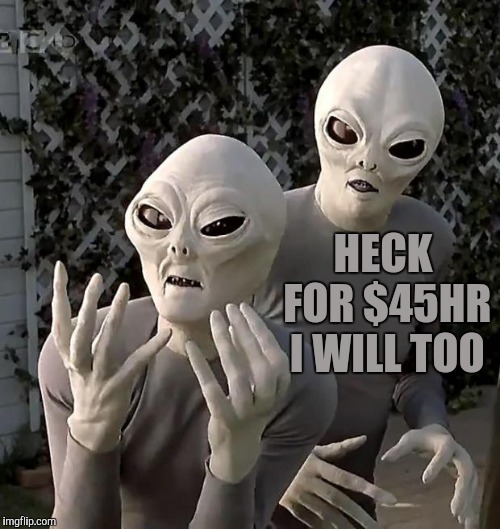 Aliens | HECK FOR $45HR I WILL TOO | image tagged in aliens | made w/ Imgflip meme maker
