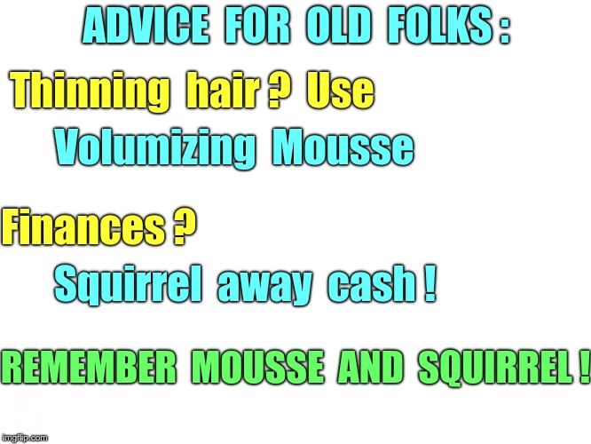 Mousse and Squirrel | ADVICE  FOR  OLD  FOLKS :; Thinning  hair ?  Use; Volumizing  Mousse; Finances ? Squirrel  away  cash ! REMEMBER  MOUSSE  AND  SQUIRREL ! | image tagged in white background,rocky and bullwinkle,financial advice,seniors,old folks | made w/ Imgflip meme maker