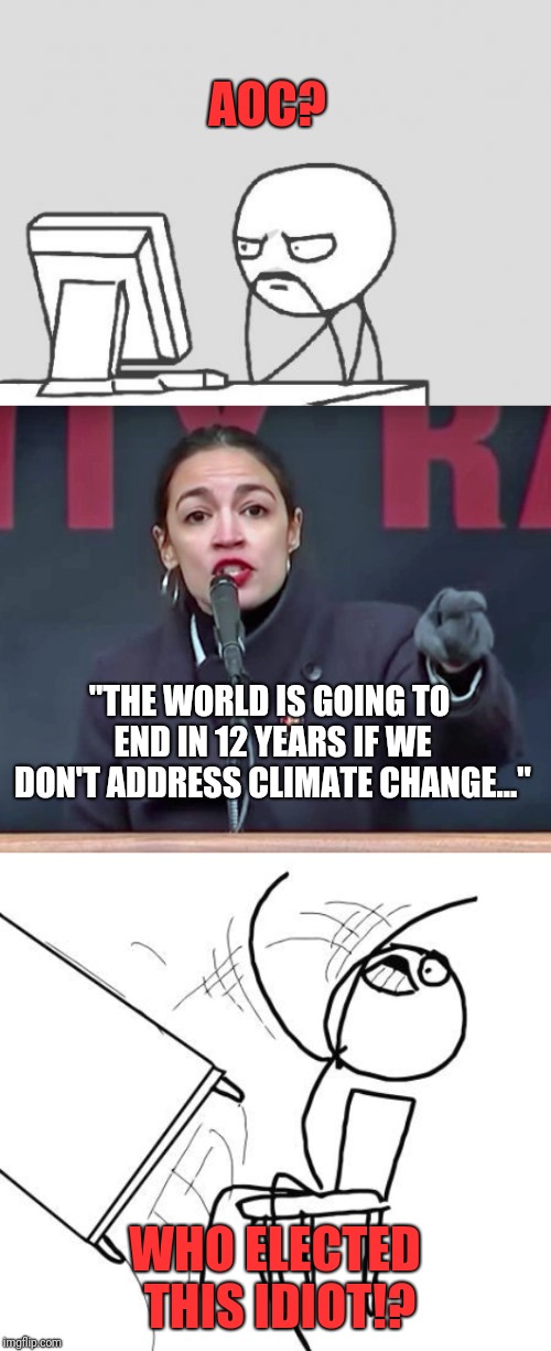 AOC? "THE WORLD IS GOING TO END IN 12 YEARS IF WE DON'T ADDRESS CLIMATE CHANGE..."; WHO ELECTED THIS IDIOT!? | image tagged in memes,computer guy,table flip guy | made w/ Imgflip meme maker