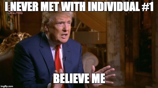 Looking out for individual number 1 | I NEVER MET WITH INDIVIDUAL #1; BELIEVE ME | image tagged in trump denial,trump,memes,denial,individual1 | made w/ Imgflip meme maker