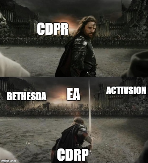 Aragorn in battle | CDPR; ACTIVSION; EA; BETHESDA; CDRP | image tagged in aragorn in battle | made w/ Imgflip meme maker