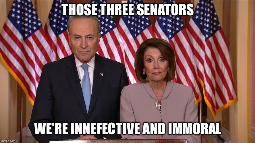 Chuck and Nancy | THOSE THREE SENATORS WE’RE INNEFECTIVE AND IMMORAL | image tagged in chuck and nancy | made w/ Imgflip meme maker