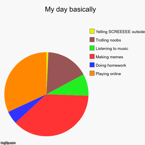 My day basically  | Playing online, Doing homework, Making memes, Listening to music, Trolling noobs, Yelling SCREEEEE outside | image tagged in funny,pie charts | made w/ Imgflip chart maker