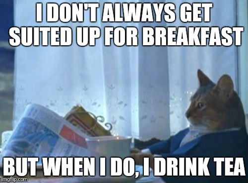 The Most Interesting Cat in the World | I DON'T ALWAYS GET SUITED UP FOR BREAKFAST; BUT WHEN I DO, I DRINK TEA | image tagged in memes,i should buy a boat cat,the most interesting cat in the world,tea | made w/ Imgflip meme maker