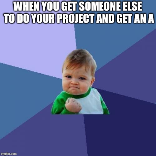 Success Kid | WHEN YOU GET SOMEONE ELSE TO DO YOUR PROJECT AND GET AN A | image tagged in memes,success kid | made w/ Imgflip meme maker
