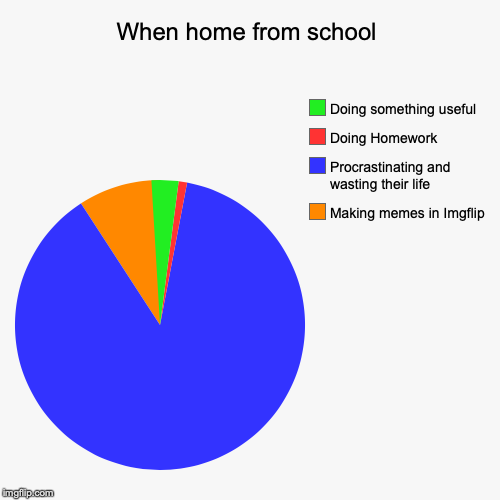 When home from school | Making memes in Imgflip, Procrastinating and wasting their life, Doing Homework, Doing something useful | image tagged in funny,pie charts | made w/ Imgflip chart maker