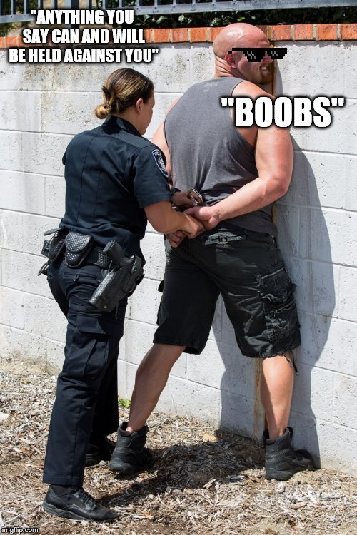 Thug Life | "ANYTHING YOU SAY CAN AND WILL BE HELD AGAINST YOU"; "BOOBS" | image tagged in police woman | made w/ Imgflip meme maker