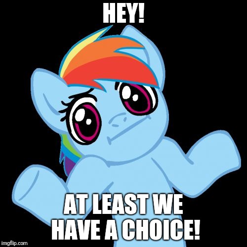 Pony Shrugs Meme | HEY! AT LEAST WE HAVE A CHOICE! | image tagged in memes,pony shrugs | made w/ Imgflip meme maker