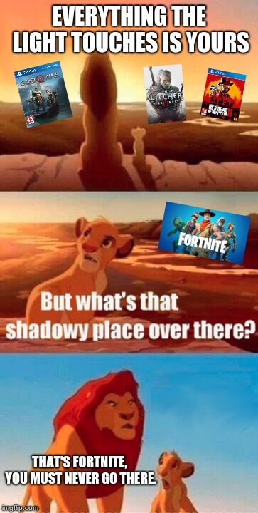 Simba Shadowy Place | EVERYTHING THE LIGHT TOUCHES IS YOURS; THAT'S FORTNITE, YOU MUST NEVER GO THERE. | image tagged in memes,simba shadowy place | made w/ Imgflip meme maker