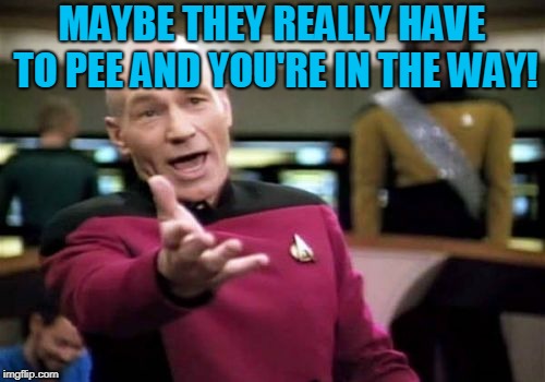 Picard Wtf Meme | MAYBE THEY REALLY HAVE TO PEE AND YOU'RE IN THE WAY! | image tagged in memes,picard wtf | made w/ Imgflip meme maker