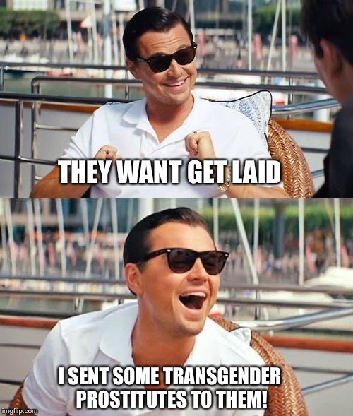 Leonardo Dicaprio Wolf Of Wall Street | THEY WANT GET LAID; I SENT SOME TRANSGENDER PROSTITUTES TO THEM! | image tagged in memes,leonardo dicaprio wolf of wall street | made w/ Imgflip meme maker