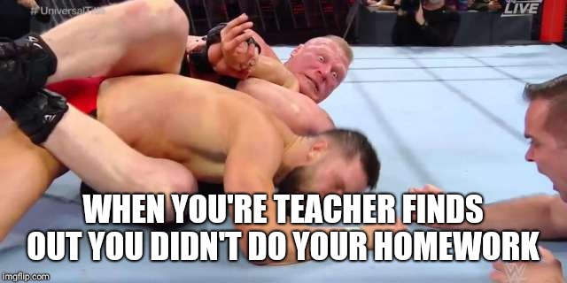 Brock lesnar royal rumble 2019 meme | WHEN YOU'RE TEACHER FINDS OUT YOU DIDN'T DO YOUR HOMEWORK | image tagged in memes,school,wwe,brock lesnar,homework | made w/ Imgflip meme maker
