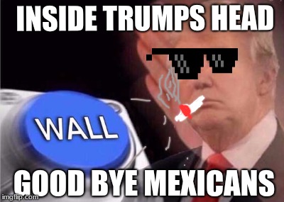 Trump wall button  | INSIDE TRUMPS HEAD; GOOD BYE MEXICANS | image tagged in trump wall button | made w/ Imgflip meme maker