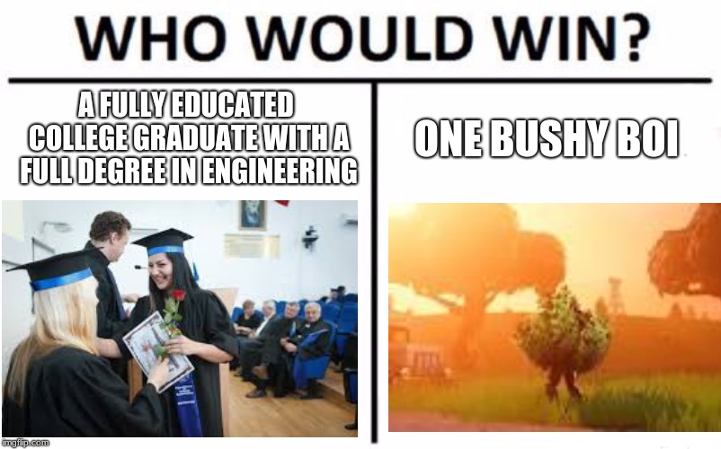 Who Would Win? | A FULLY EDUCATED COLLEGE GRADUATE WITH A FULL DEGREE IN ENGINEERING; ONE BUSHY BOI | image tagged in memes,who would win | made w/ Imgflip meme maker