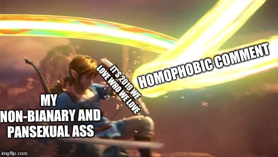 Link Defense World Of Light | HOMOPHOBIC COMMENT; IT'S 2019 WE LOVE WHO WE LOVE; MY NON-BIANARY AND PANSEXUAL ASS | image tagged in link defense world of light | made w/ Imgflip meme maker