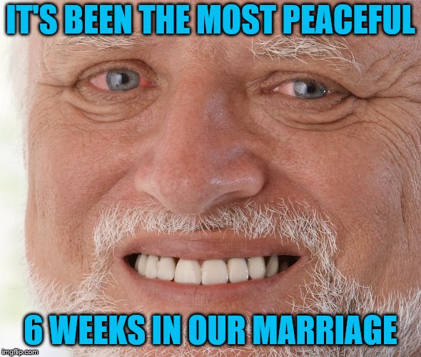 Hide the Pain Harold | IT'S BEEN THE MOST PEACEFUL 6 WEEKS IN OUR MARRIAGE | image tagged in hide the pain harold | made w/ Imgflip meme maker