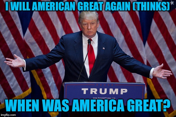 Donald Trump | I WILL AMERICAN GREAT AGAIN (THINKS); WHEN WAS AMERICA GREAT? | image tagged in donald trump | made w/ Imgflip meme maker