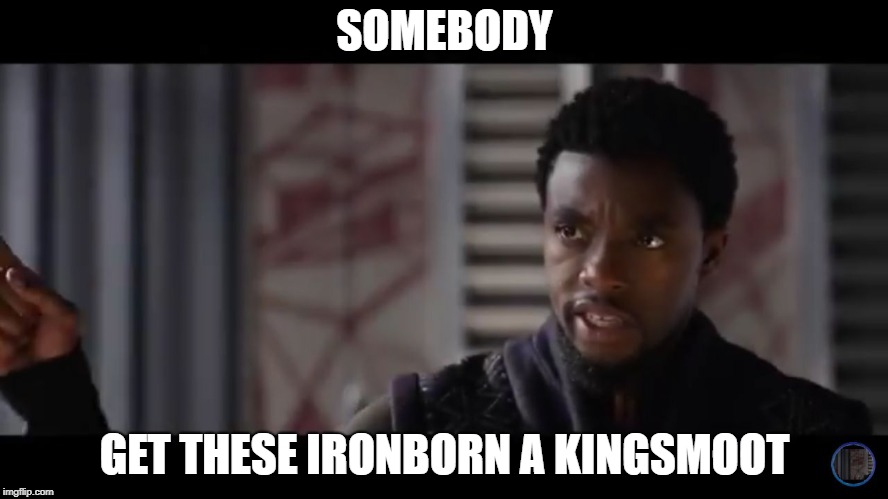 Black Panther - Get this man a shield | SOMEBODY; GET THESE IRONBORN A KINGSMOOT | image tagged in black panther - get this man a shield | made w/ Imgflip meme maker