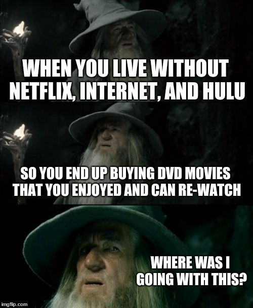 Confused Gandalf Meme | WHEN YOU LIVE WITHOUT NETFLIX, INTERNET, AND HULU; SO YOU END UP BUYING DVD MOVIES THAT YOU ENJOYED AND CAN RE-WATCH; WHERE WAS I GOING WITH THIS? | image tagged in memes,confused gandalf | made w/ Imgflip meme maker
