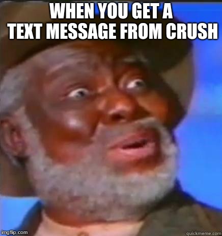 Suprised Black Guy | WHEN YOU GET A TEXT MESSAGE FROM CRUSH | image tagged in suprised black guy | made w/ Imgflip meme maker