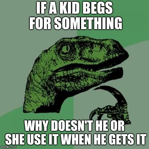 Philosoraptor Meme | IF A KID BEGS FOR SOMETHING; WHY DOESN'T HE OR SHE USE IT WHEN HE GETS IT | image tagged in memes,philosoraptor | made w/ Imgflip meme maker