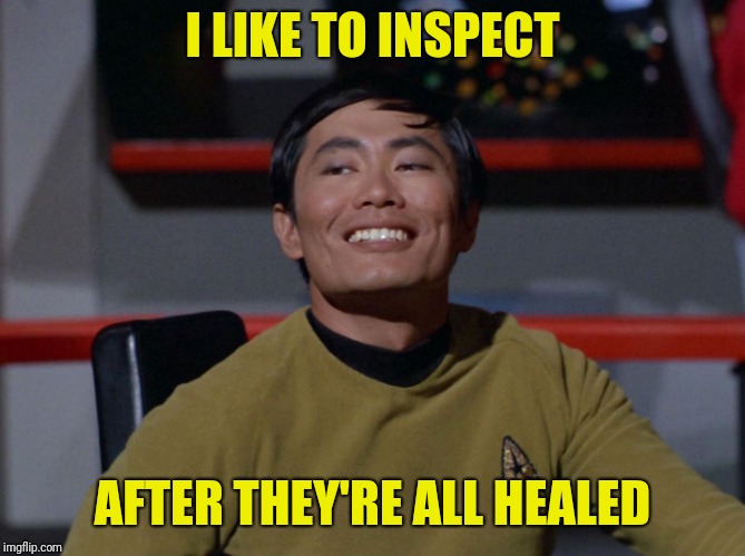 Sulu smug | I LIKE TO INSPECT AFTER THEY'RE ALL HEALED | image tagged in sulu smug | made w/ Imgflip meme maker