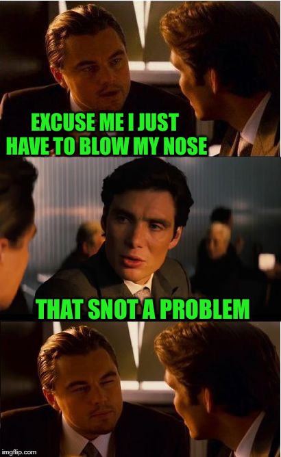 A Typically Snotty Reply | EXCUSE ME I JUST HAVE TO BLOW MY NOSE; THAT SNOT A PROBLEM | image tagged in memes,inception,puns,snot,thats a paddlin | made w/ Imgflip meme maker