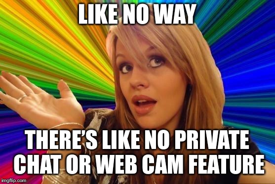 Dumb Blonde Meme | LIKE NO WAY THERE’S LIKE NO PRIVATE CHAT OR WEB CAM FEATURE | image tagged in memes,dumb blonde | made w/ Imgflip meme maker