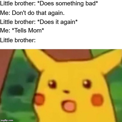 He asked for it. | Little brother: *Does something bad*; Me: Don't do that again. Little brother: *Does it again*; Me: *Tells Mom*; Little brother: | image tagged in memes,surprised pikachu,brother,brothers,mom | made w/ Imgflip meme maker