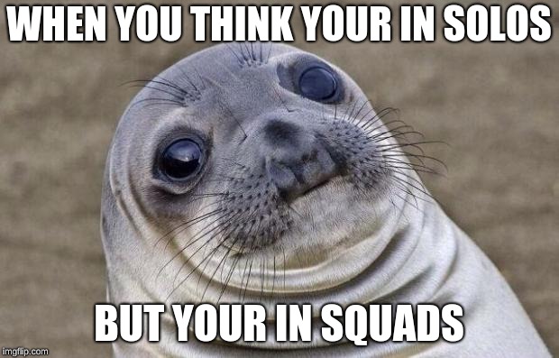 Awkward Moment Sealion | WHEN YOU THINK YOUR IN SOLOS; BUT YOUR IN SQUADS | image tagged in memes,awkward moment sealion | made w/ Imgflip meme maker