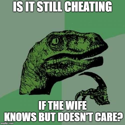Philosoraptor | IS IT STILL CHEATING; IF THE WIFE KNOWS BUT DOESN'T CARE? | image tagged in memes,philosoraptor | made w/ Imgflip meme maker