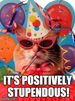 Cat Celebration! | IT'S POSITIVELY STUPENDOUS! | image tagged in cat celebration | made w/ Imgflip meme maker