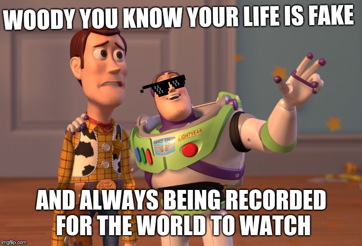 X, X Everywhere Meme | WOODY YOU KNOW YOUR LIFE IS FAKE; AND ALWAYS BEING RECORDED FOR THE WORLD TO WATCH | image tagged in memes,x x everywhere | made w/ Imgflip meme maker