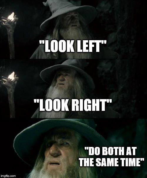 Confused Gandalf Meme | "LOOK LEFT"; "LOOK RIGHT"; "DO BOTH AT THE SAME TIME" | image tagged in memes,confused gandalf | made w/ Imgflip meme maker