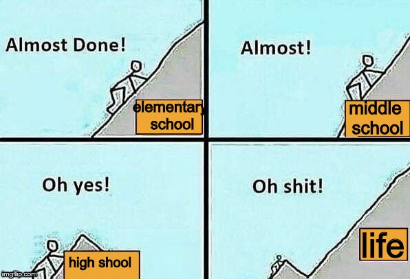 Almost Done! | middle school; elementary school; life; high shool | image tagged in almost done,new template,claybourne,school,life | made w/ Imgflip meme maker