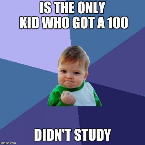 Success Kid | IS THE ONLY KID WHO GOT A 100; DIDN'T STUDY | image tagged in memes,success kid | made w/ Imgflip meme maker