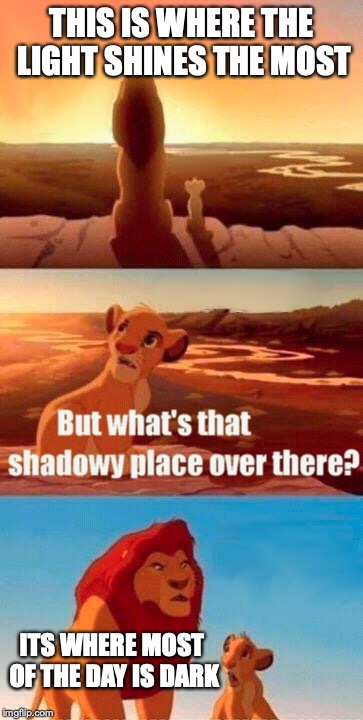 Simba Shadowy Place Meme | THIS IS WHERE THE LIGHT SHINES THE MOST; ITS WHERE MOST OF THE DAY IS DARK | image tagged in memes,simba shadowy place | made w/ Imgflip meme maker