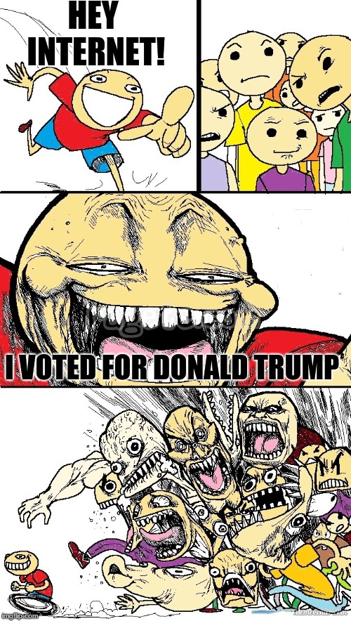 I didn't actually... Please no hate | HEY INTERNET! I VOTED FOR DONALD TRUMP | image tagged in hey internet color,memes,funny,politics | made w/ Imgflip meme maker