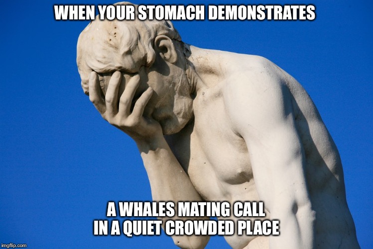 Embarrassed statue  |  WHEN YOUR STOMACH DEMONSTRATES; A WHALES MATING CALL IN A QUIET CROWDED PLACE | image tagged in embarrassed statue,stomach growling,hungry,starving,funny,embarrassed | made w/ Imgflip meme maker